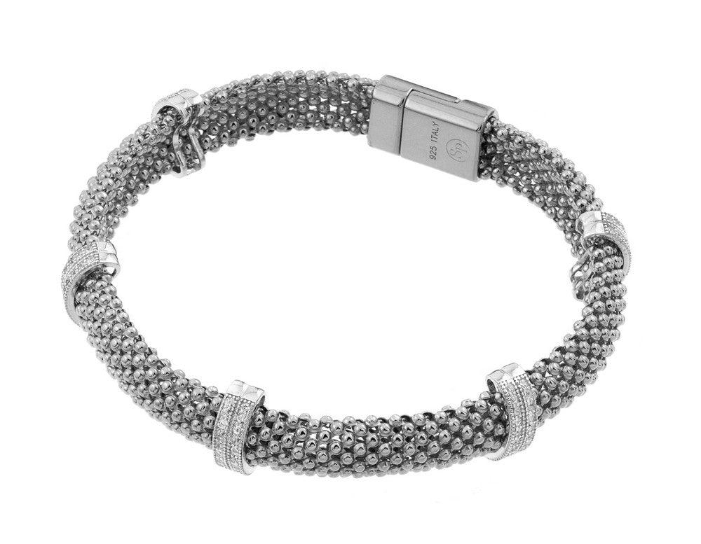 Silver 925 Rhodium Plated Micro Pave Clear CZ Beaded Italian Bracelet - PSB000017RH