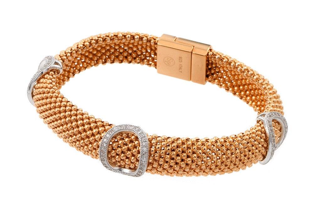 Silver 925 Gold Plated Micro Pave Oval Clear CZ Beaded Italian Bracelet - PSB00003RGP