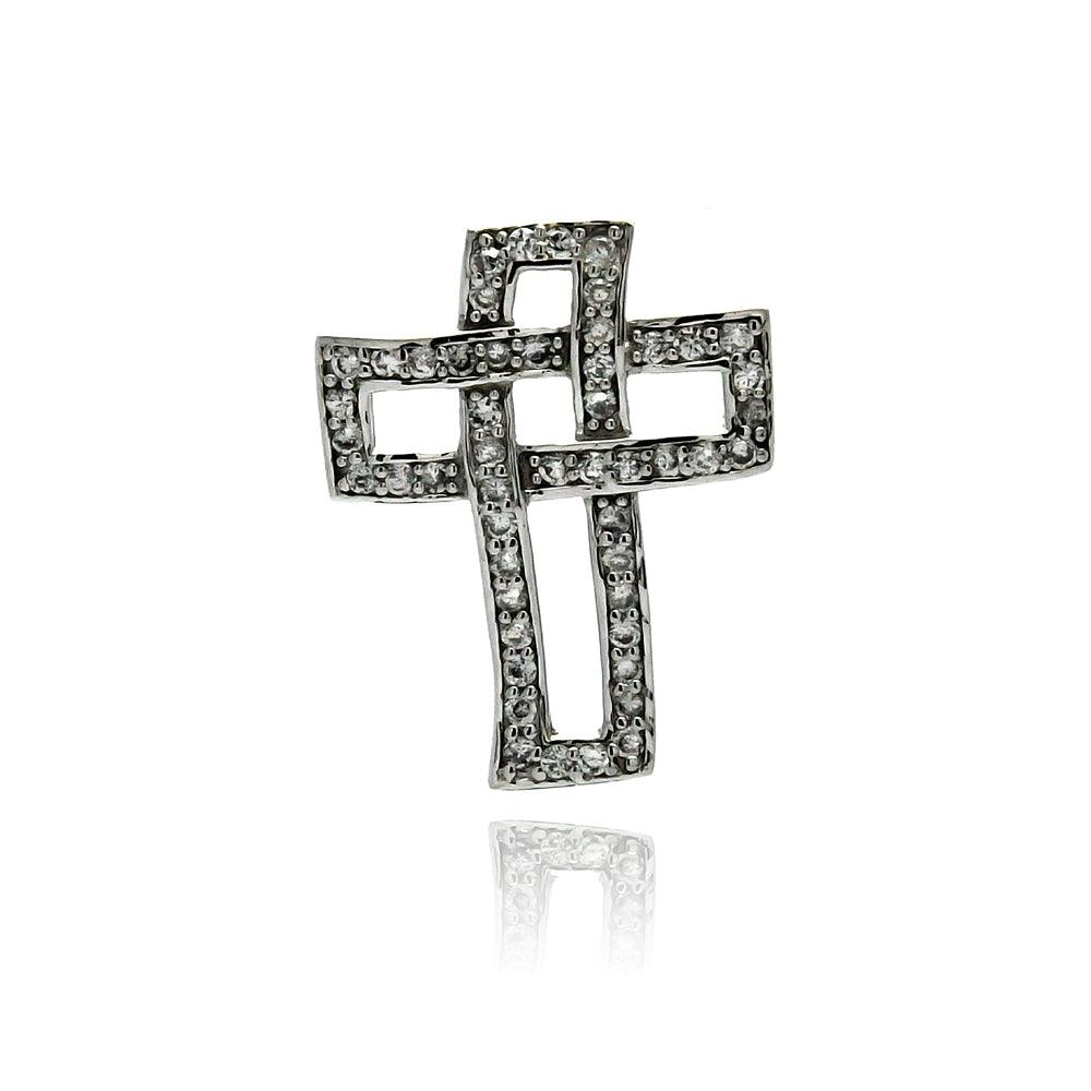 Silver 925 Rhodium Plated Open Cross CZ Wire Hanging Pendant - ACP00004