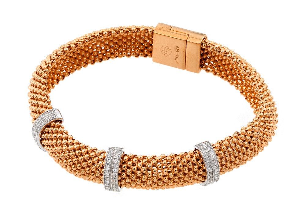 Silver 925 Rose Gold Plated Micro Pave Clear CZ Beaded Italian Bracelet - PSB00005RGP