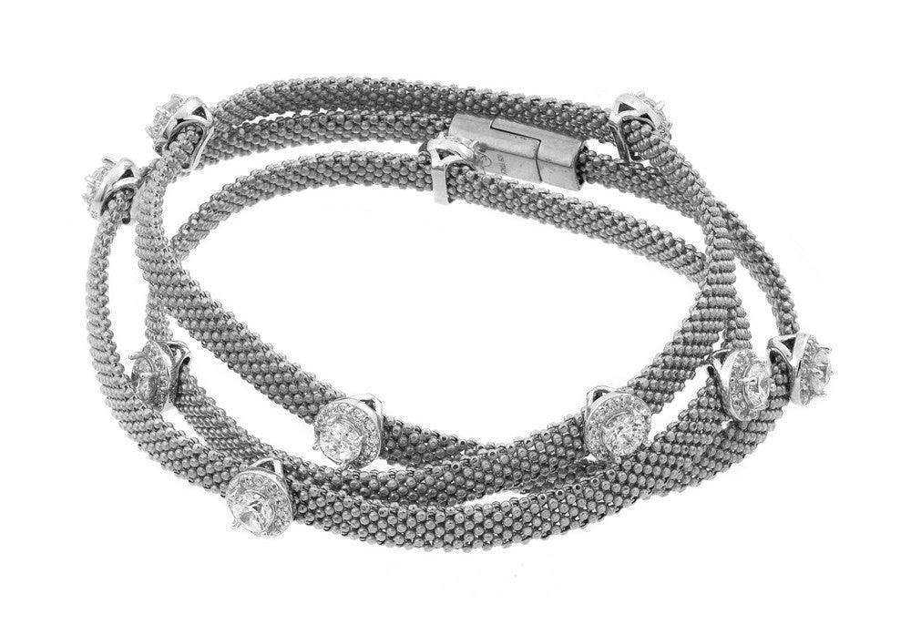 Silver 925 Rhodium Plated Clear CZ Double Wrap Beaded Italian Bracelet - PSB00009RH