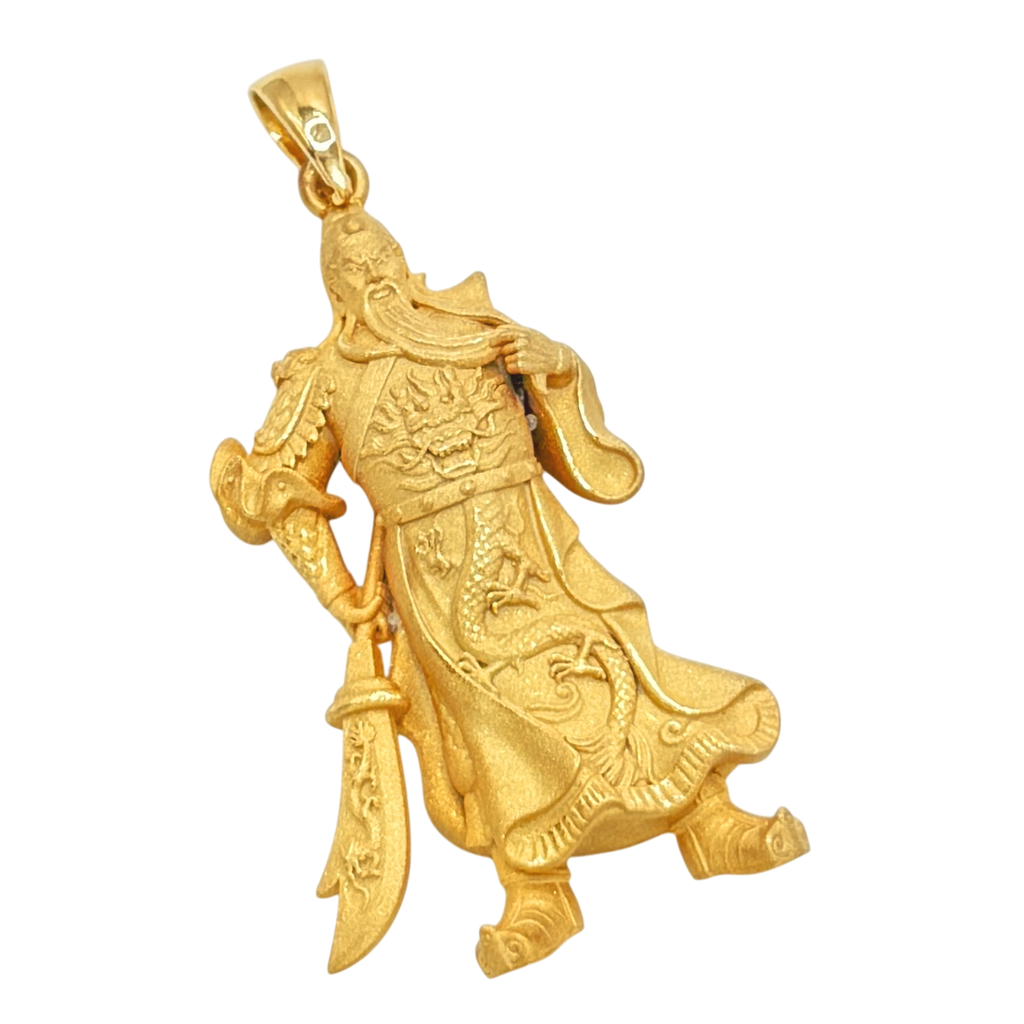 Solid gold 3D Standing God of War Guan Gong Pendant, free-cut striding figure with guandao and flying robes