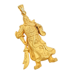 Solid gold 3D Standing God of War Guan Gong Pendant, free-cut striding figure with guandao and flying robes