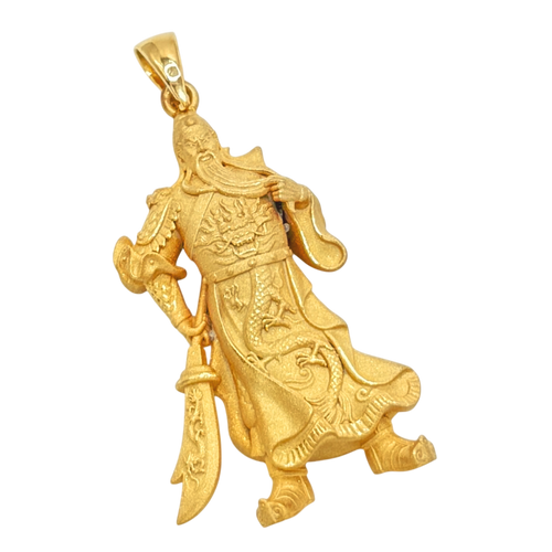 Solid gold 3D Standing God of War Guan Gong Pendant, free-cut striding figure with guandao and flying robes