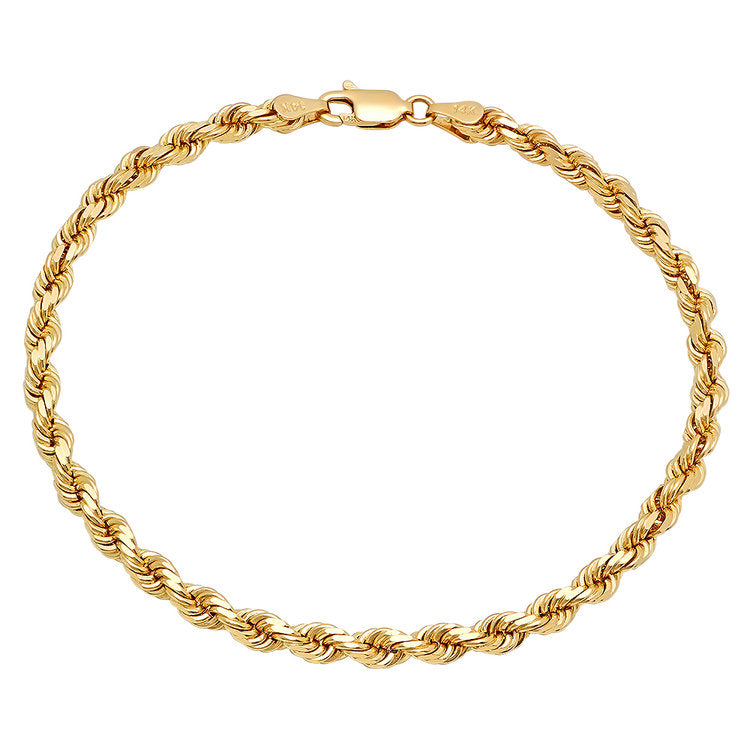 4MM Solid Diamond-Cut Rope Bracelet in solid 10K-24K gold
