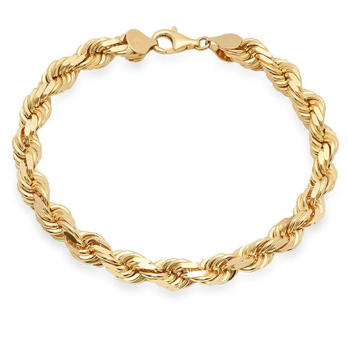 7MM Solid Diamond-Cut Rope Bracelet in solid 10K-24K gold