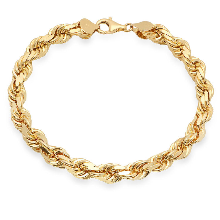 8MM Solid Diamond-Cut Rope Bracelet in solid 10K-24K gold