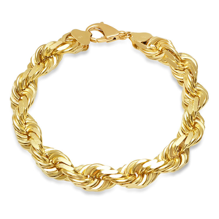 12MM Solid Diamond-Cut Rope Bracelet in solid 10K-24K gold