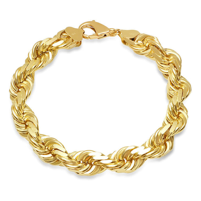 12MM Solid Diamond-Cut Rope Bracelet in solid 10K-24K gold