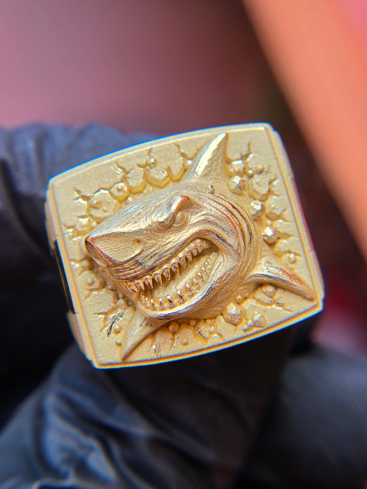Shark Breaking Through Ring in solid 10K-24K gold