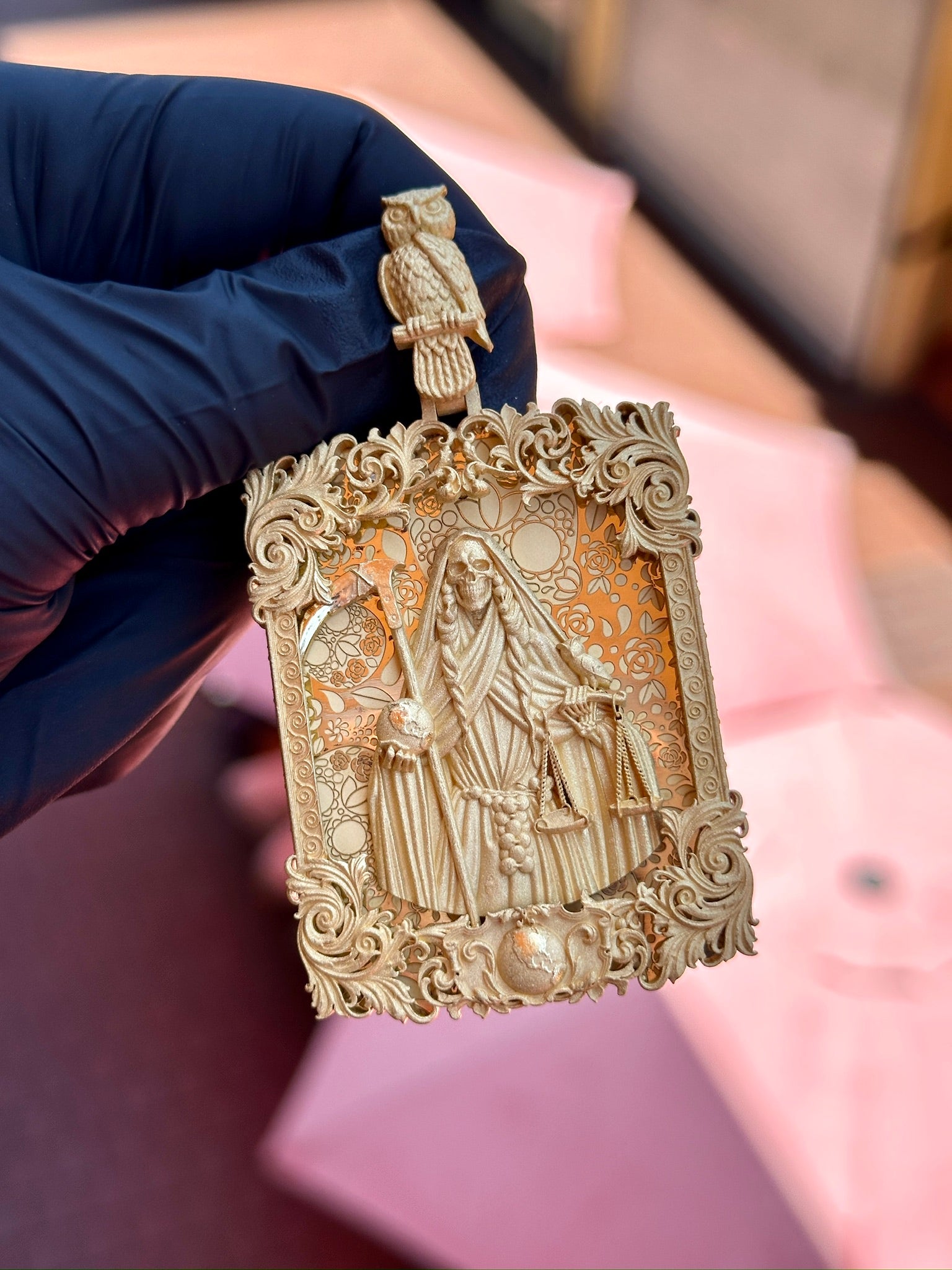 Santa Muerte and Owl Pendant