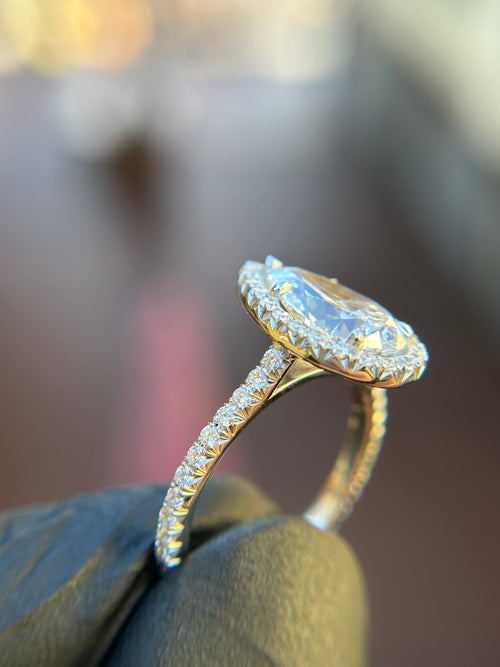 French Pavé Halo Cathedral Engagement Ring
