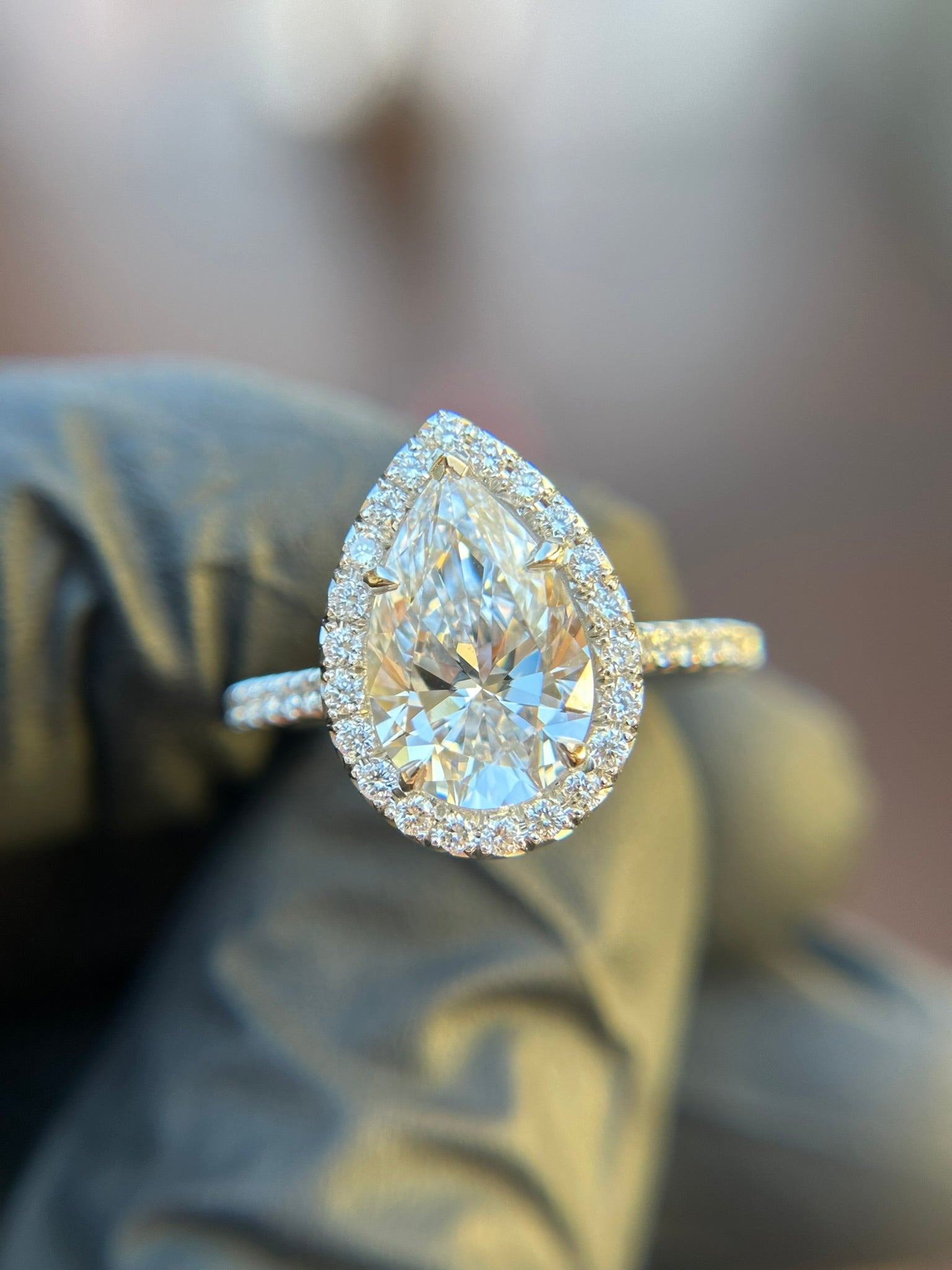 French Pavé Halo Cathedral Engagement Ring