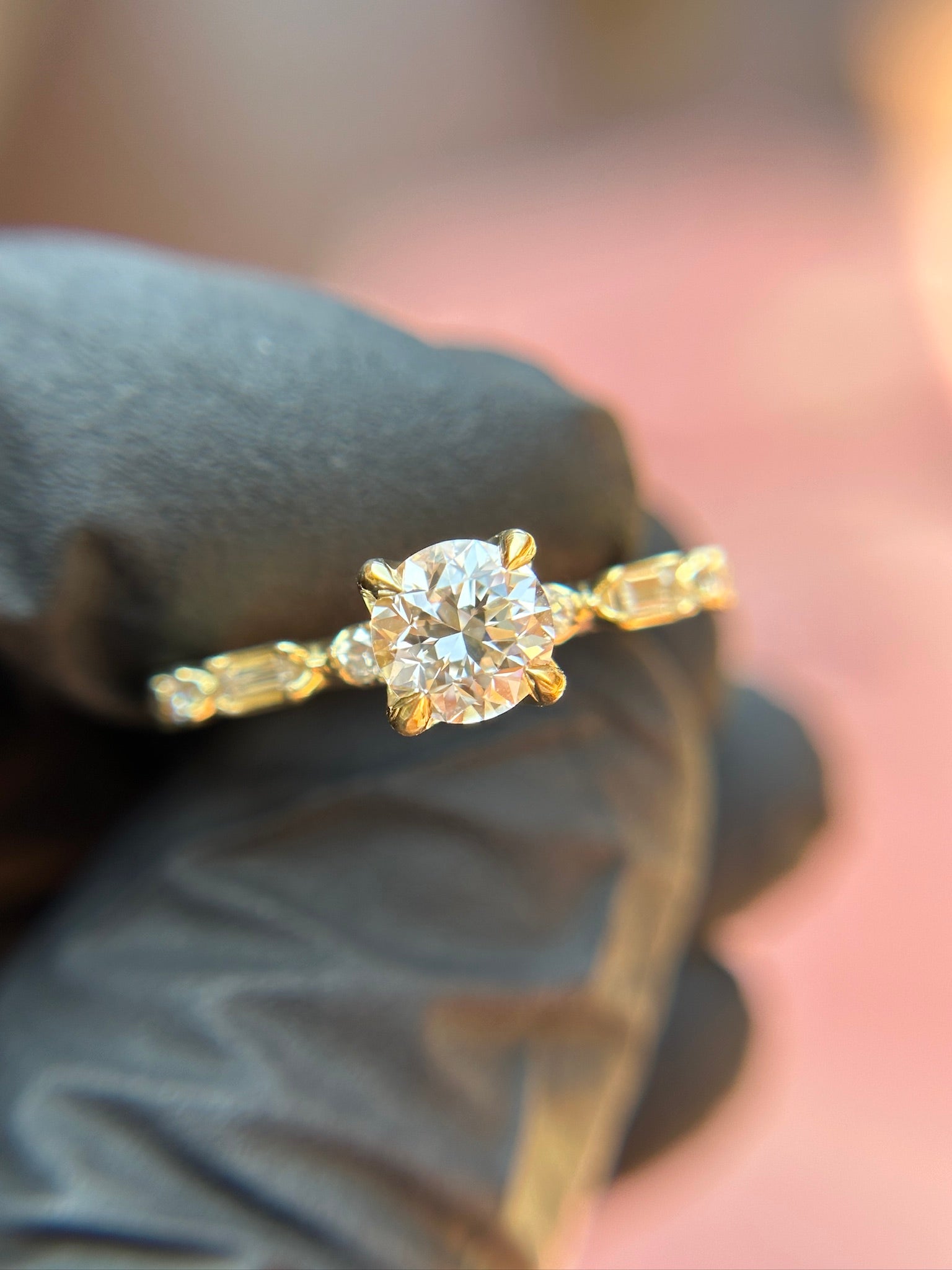 Alternating Baguette and Round Accent Milgrain Engagement Ring