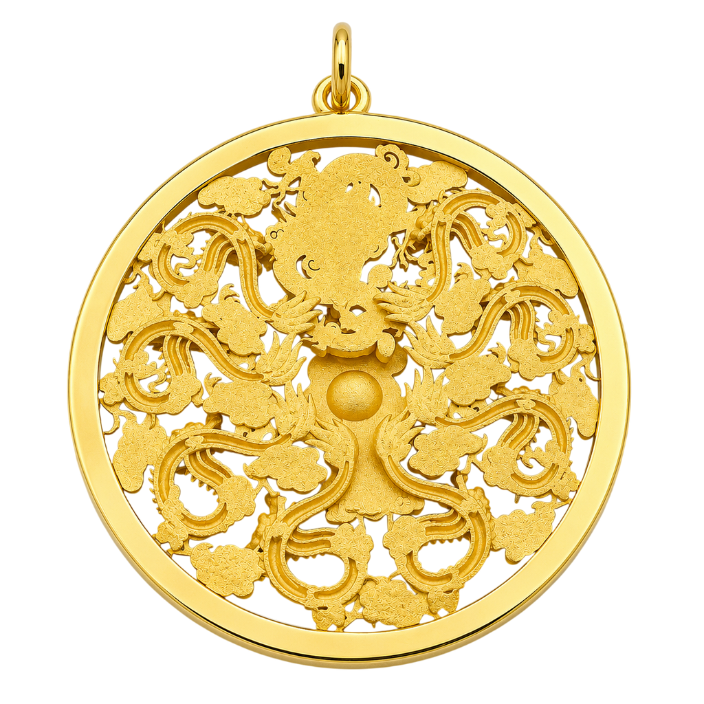 Medium 9 Dragons Circle gold pendant, finished reverse