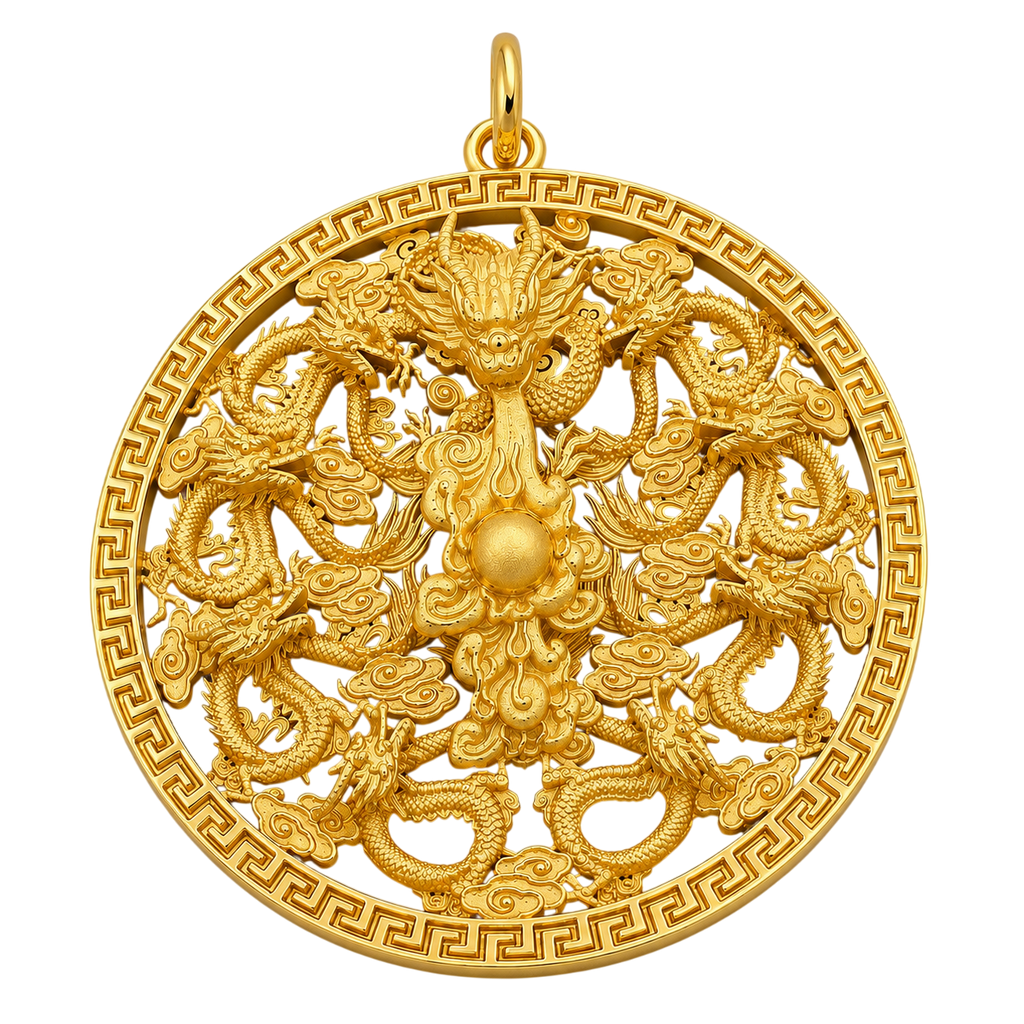 Solid gold Medium 9 Dragons Circle Pendant, pierced openwork disc with a Greek key rim and central pearl