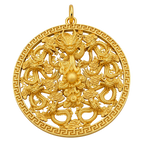 Solid gold Medium 9 Dragons Circle Pendant, pierced openwork disc with a Greek key rim and central pearl