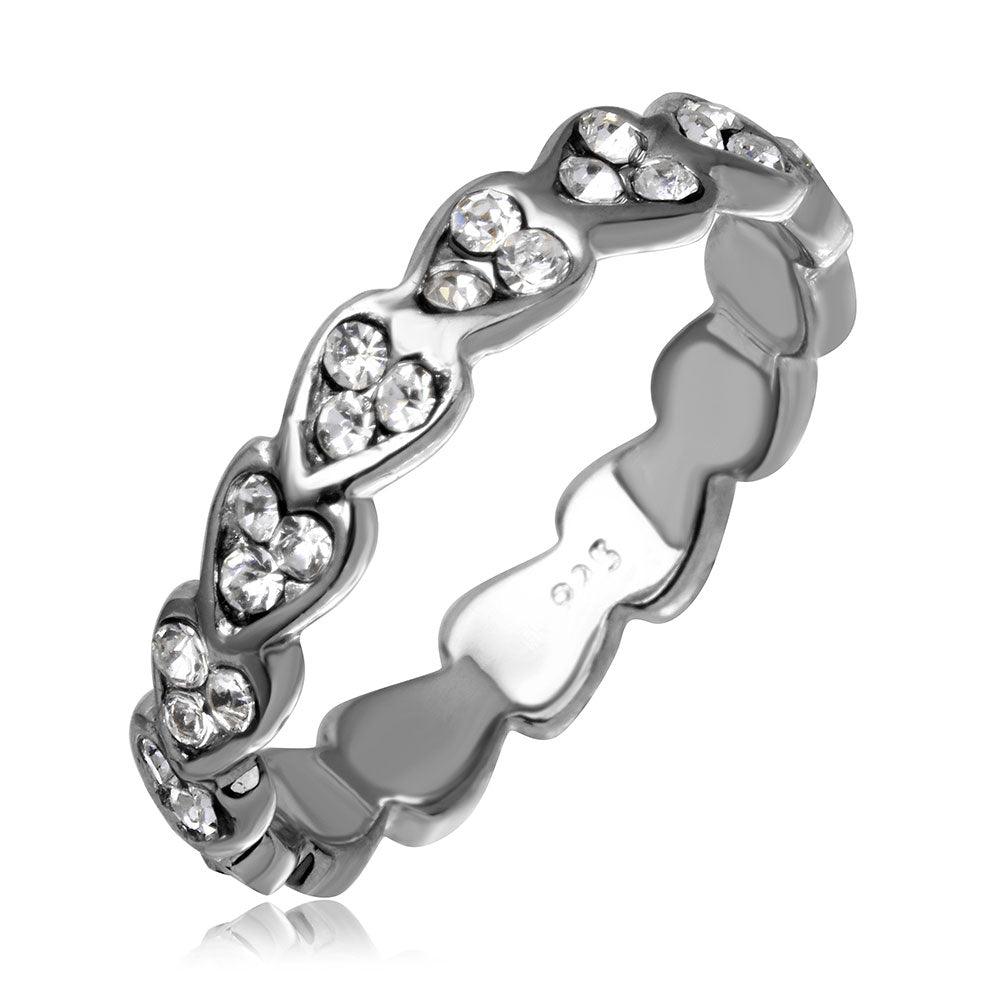 Silver 925 Rhodium Plated Mini Heart Shaped Eternity Ring with CZ - AAR0008