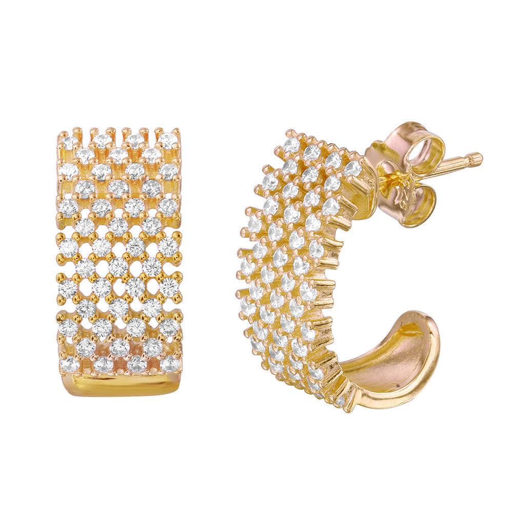Silver 925 Gold Plated Thick Checkered CZ Semi-huggie hoop Earrings - ACE00083GP
