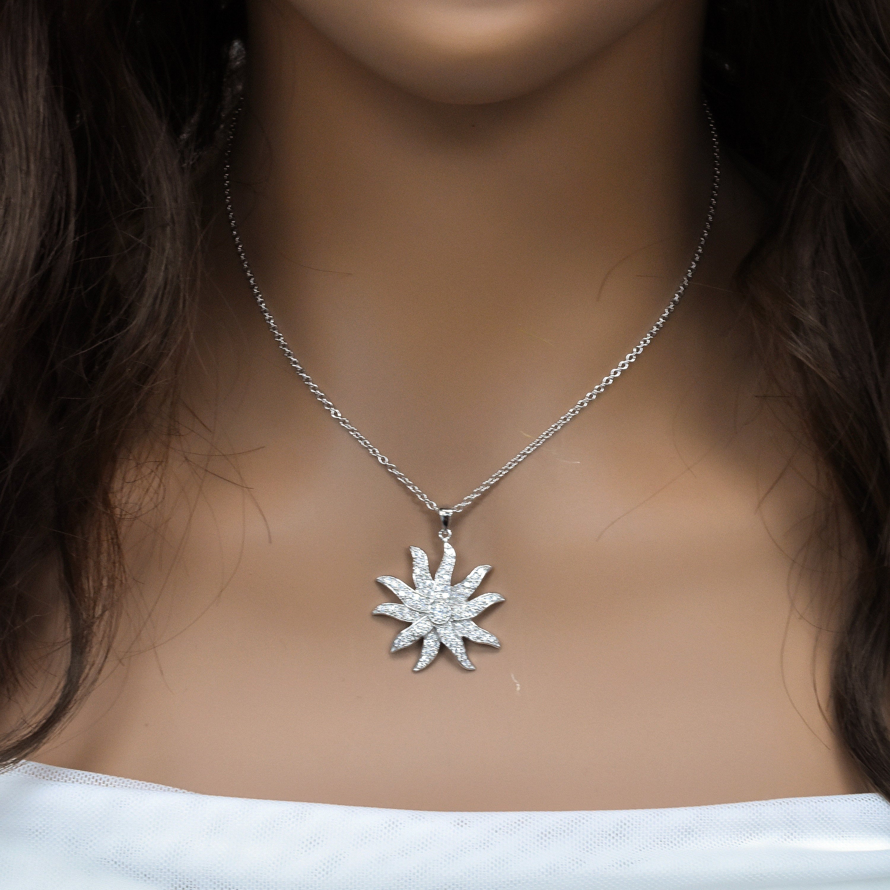 Silver 925 Rhodium Plated Sun Flower CZ Wire Dangling Pendant - ACP00005