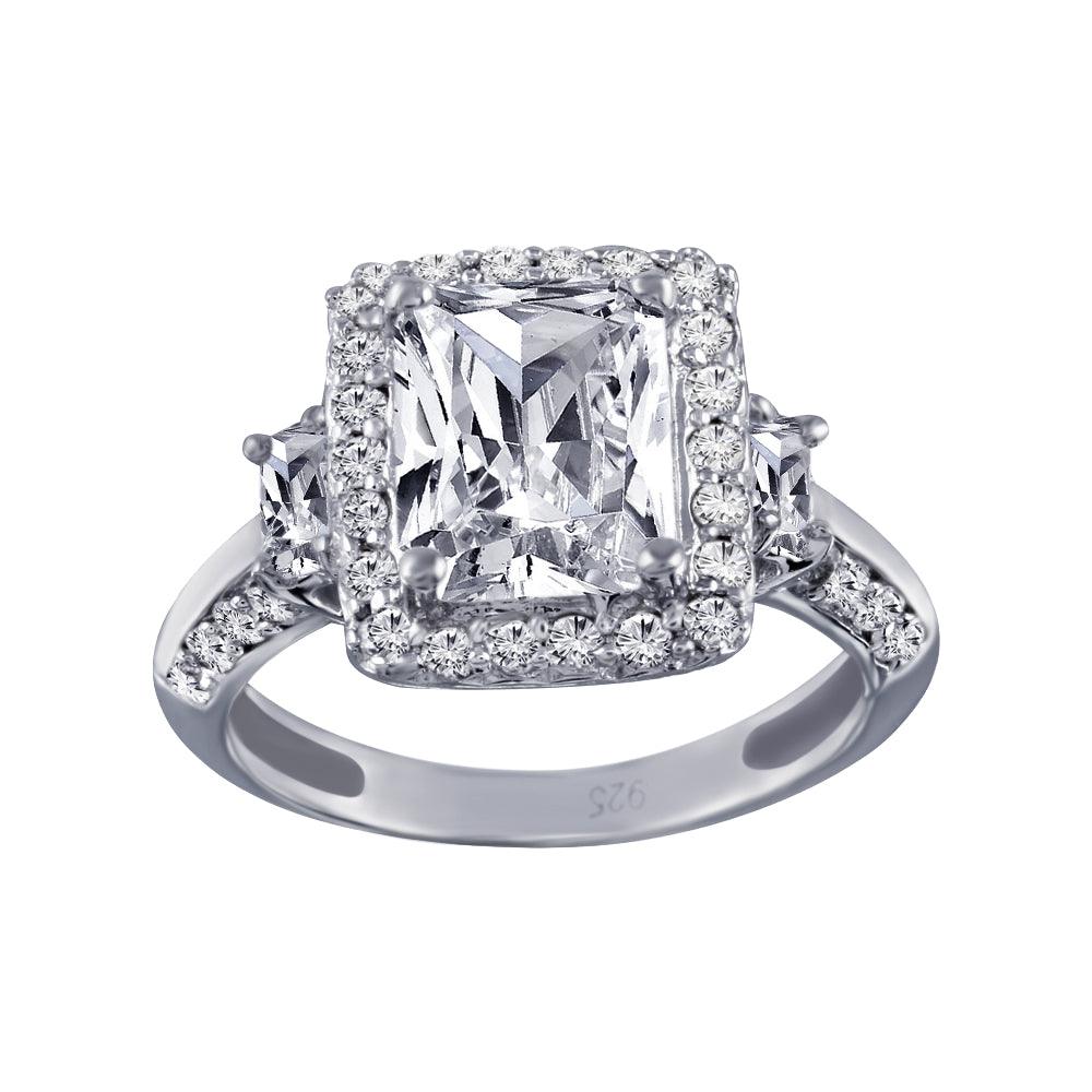 Rhodium Plated 925 Sterling Silver Clear Cluster CZ Square Ring - ACR00009