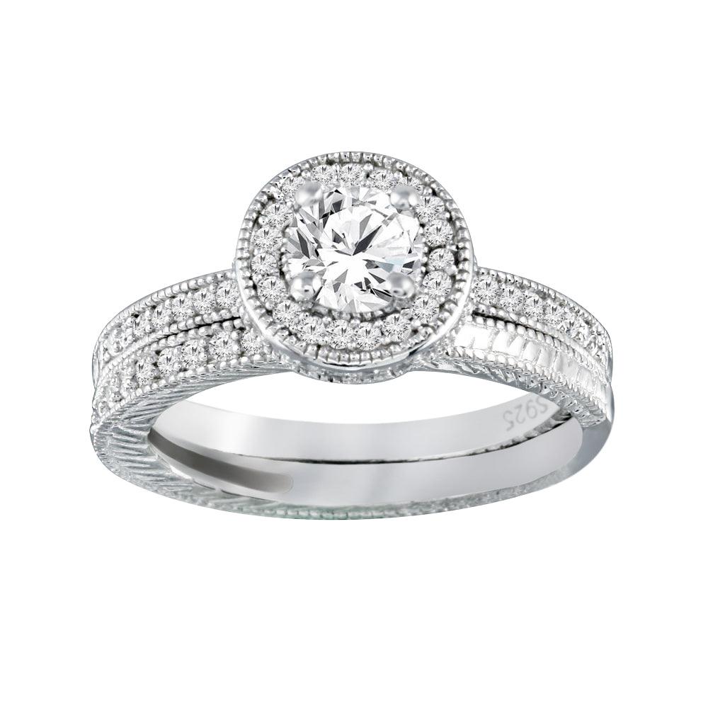 925 Sterling Silver Rhodium Plated Micro Pave CZ Engagement Ring Set - ACR00023