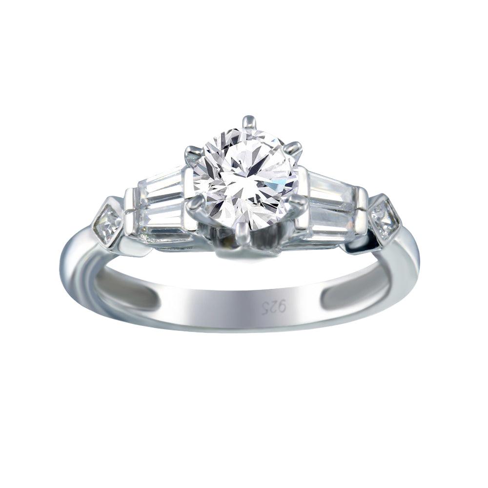 Rhodium Plated 925 Sterling Silver Clear Baguette Round Center CZ Ring - ACR00028