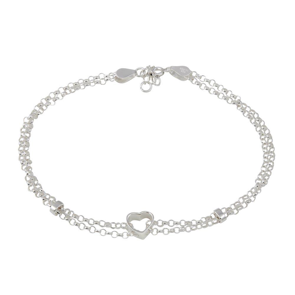 High Polished 925 Sterling Silver Open Heart Center Rolo Link Anklet - ANK00014