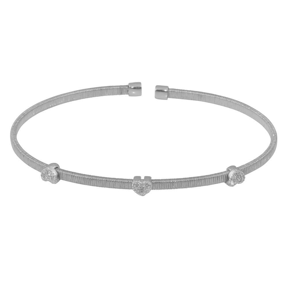 Rhodium Plated 925 Sterling Silver Three Heart Open Bangle with CZ - ARB00006RH