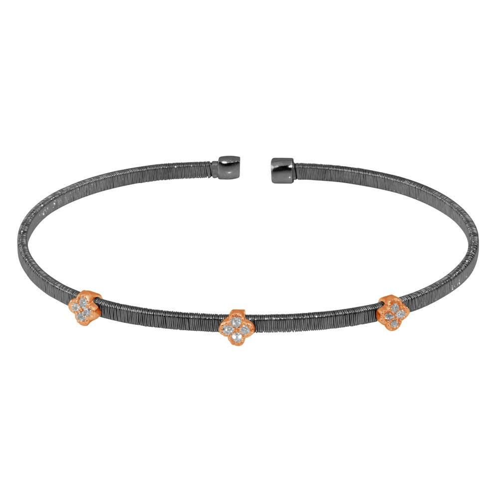 Black Rhodium Plated 925 Sterling Silver Three Clover Rose Gold Plated Bangle with CZ - ARB00009BLK