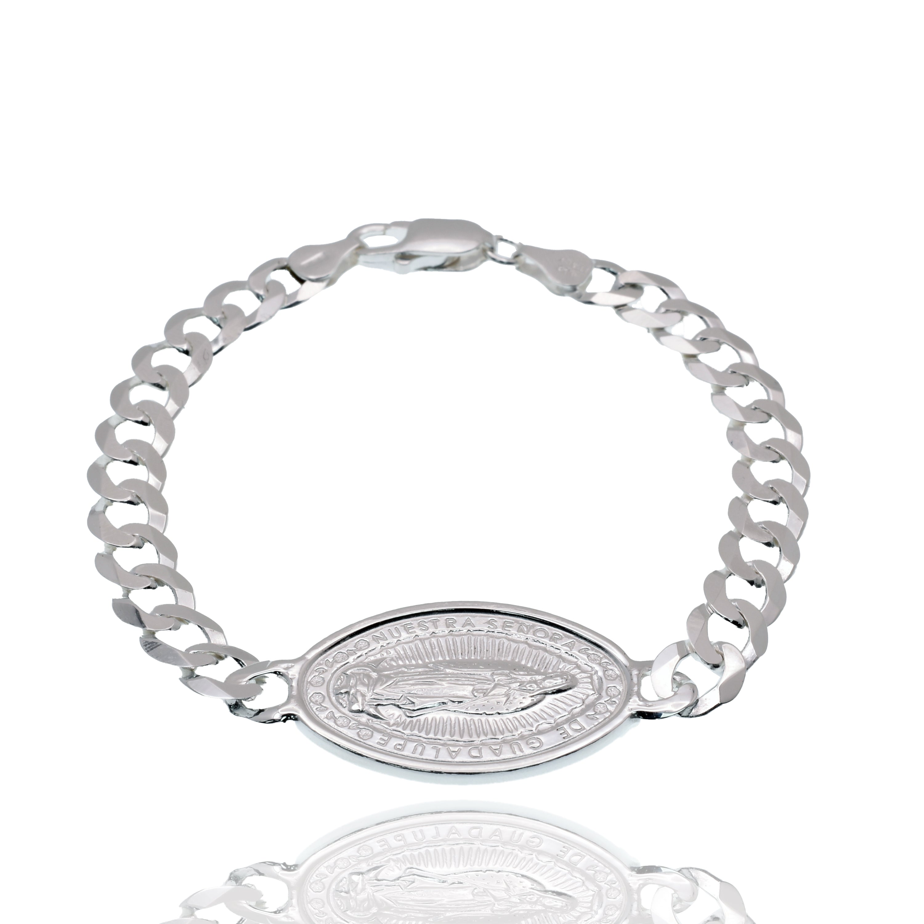 High Polished 925 Sterling Silver 20.5mm x 30.7mm Guadalupe Charm on 7mm Curb Bracelet - ARB00069
