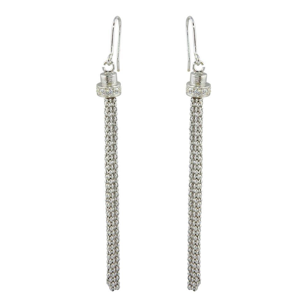 Rhodium Plated 925 Sterling Silver Tassel Drop Earrings with CZ - ARE00010RH