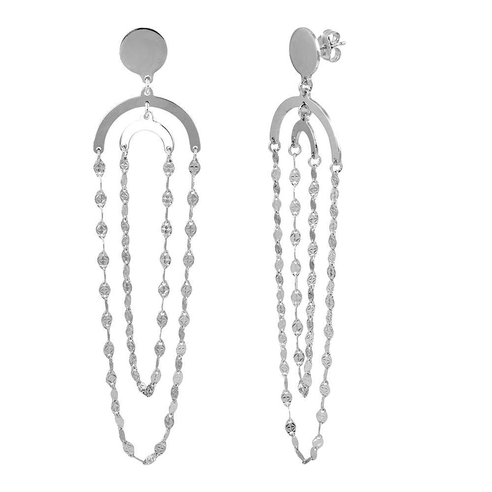 Rhodium Plated 925 Sterling Silver Hanging Double Loop Chain Earrings - ARE00014RH