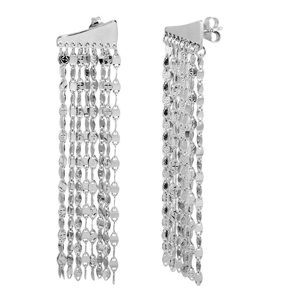 Rhodium Plated 925 Sterling Silver 9 Row Hanging Chain Earring - ARE00015RH