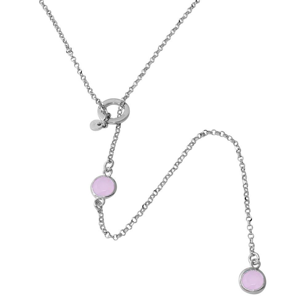 Rhodium Plated 925 Sterling Silver Dropped Pink Round CZ Necklace with Adjustable Ring - ARN00031RHP