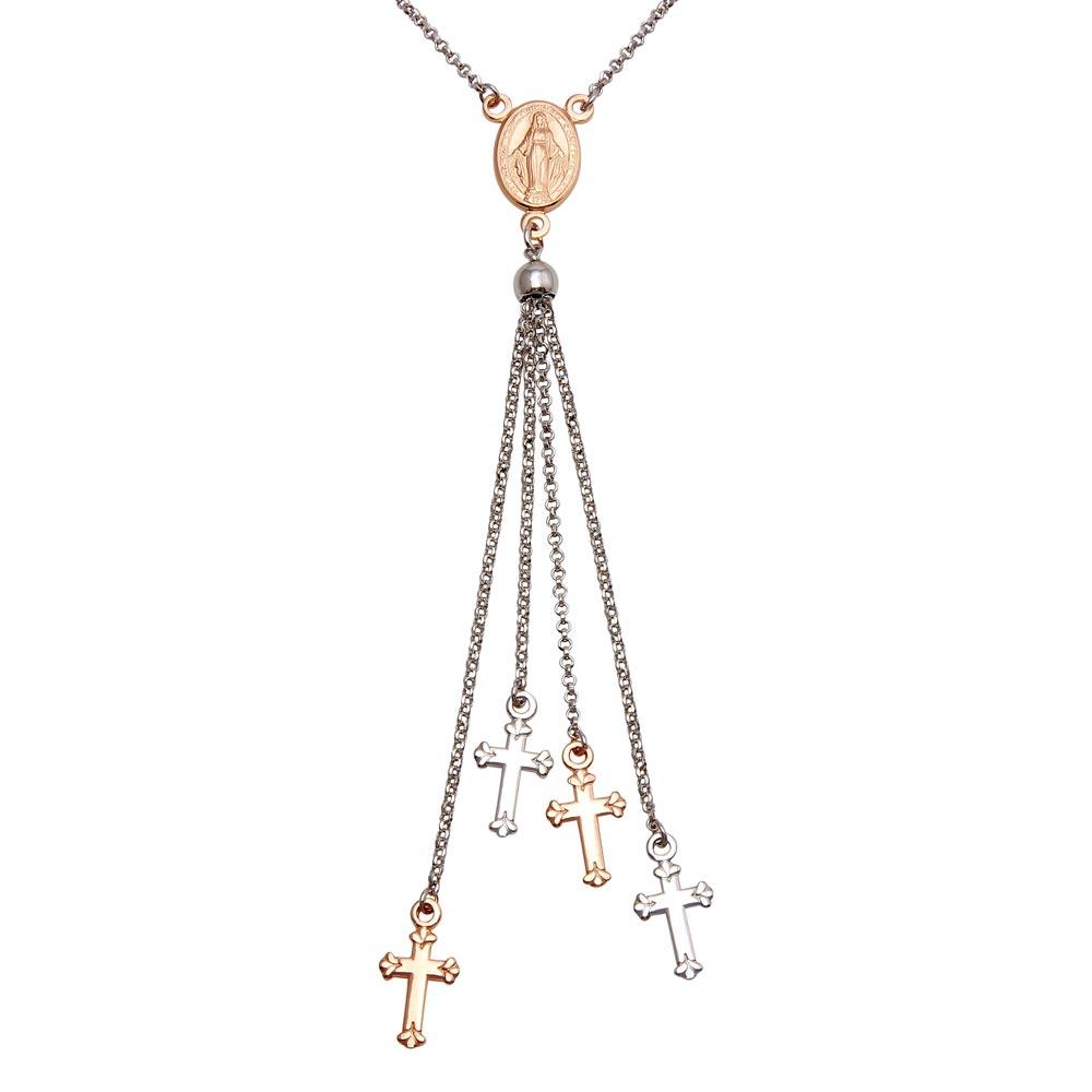 Rhodium Plated 925 Sterling Silver and Rose Gold Plated Rosary Tassel Necklace - ARN00048RH-RGP