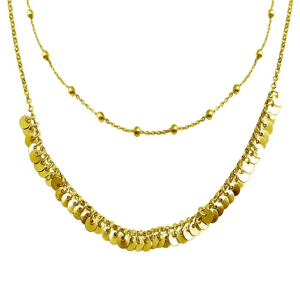 Gold Plated 925 Sterling Silver Beaded Disc Charms Double Chain Choker Necklace - ARN00051GP