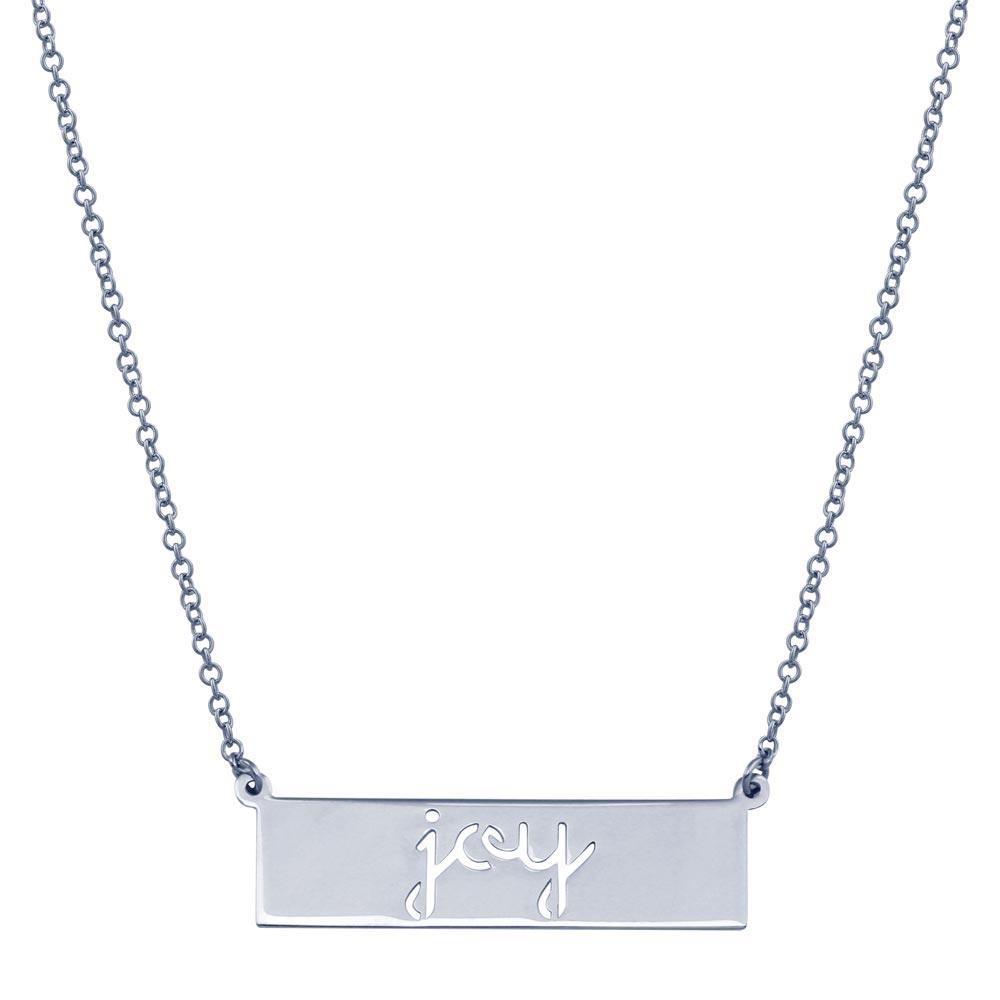 Rhodium Plated 925 Sterling Silver Joy Engraved Bar Pendant Necklace - ARN00054RH