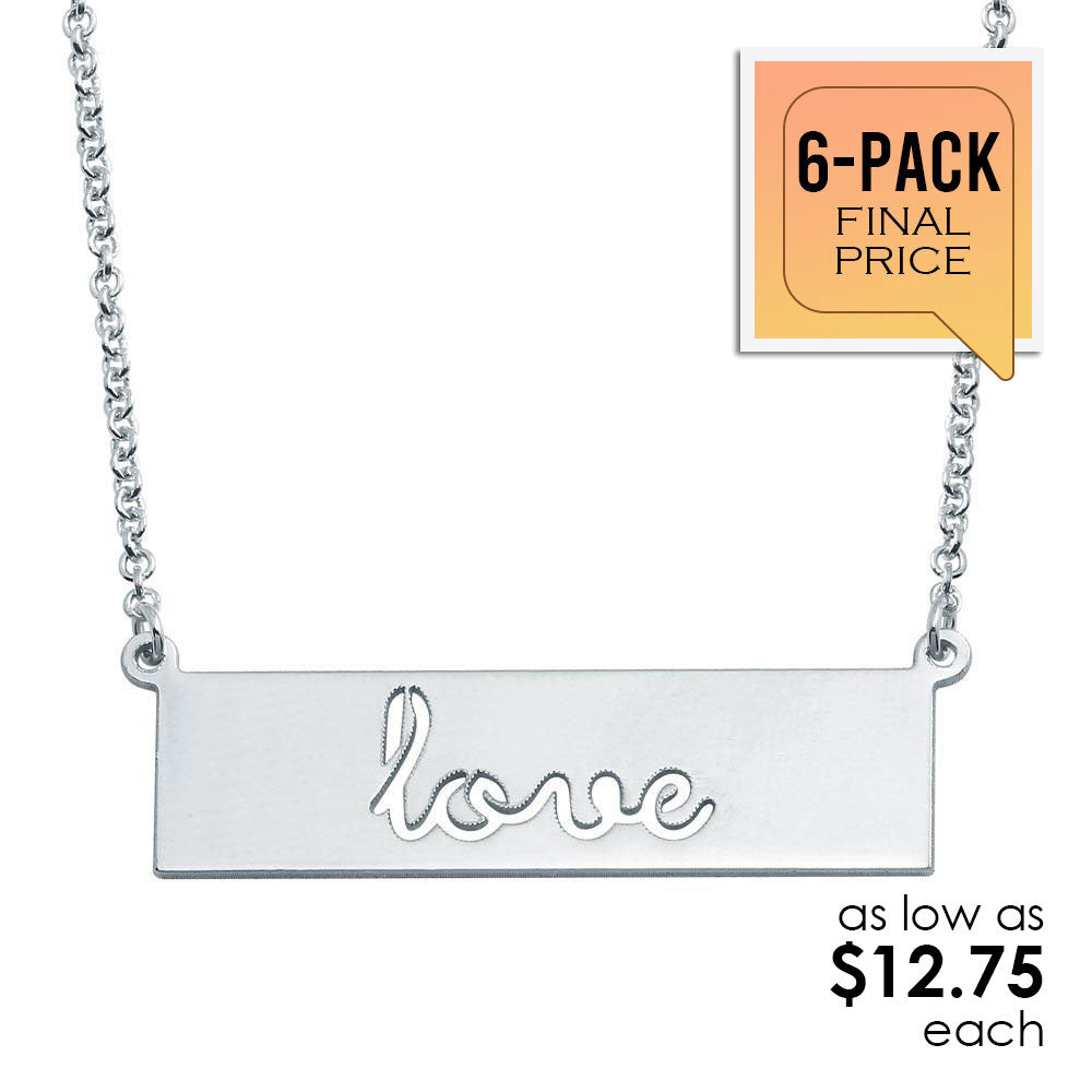 Rhodium Plated 925 Sterling Silver Love Engraved Bar Pendant Necklace (6/Pk) - ARN00055RH-PX