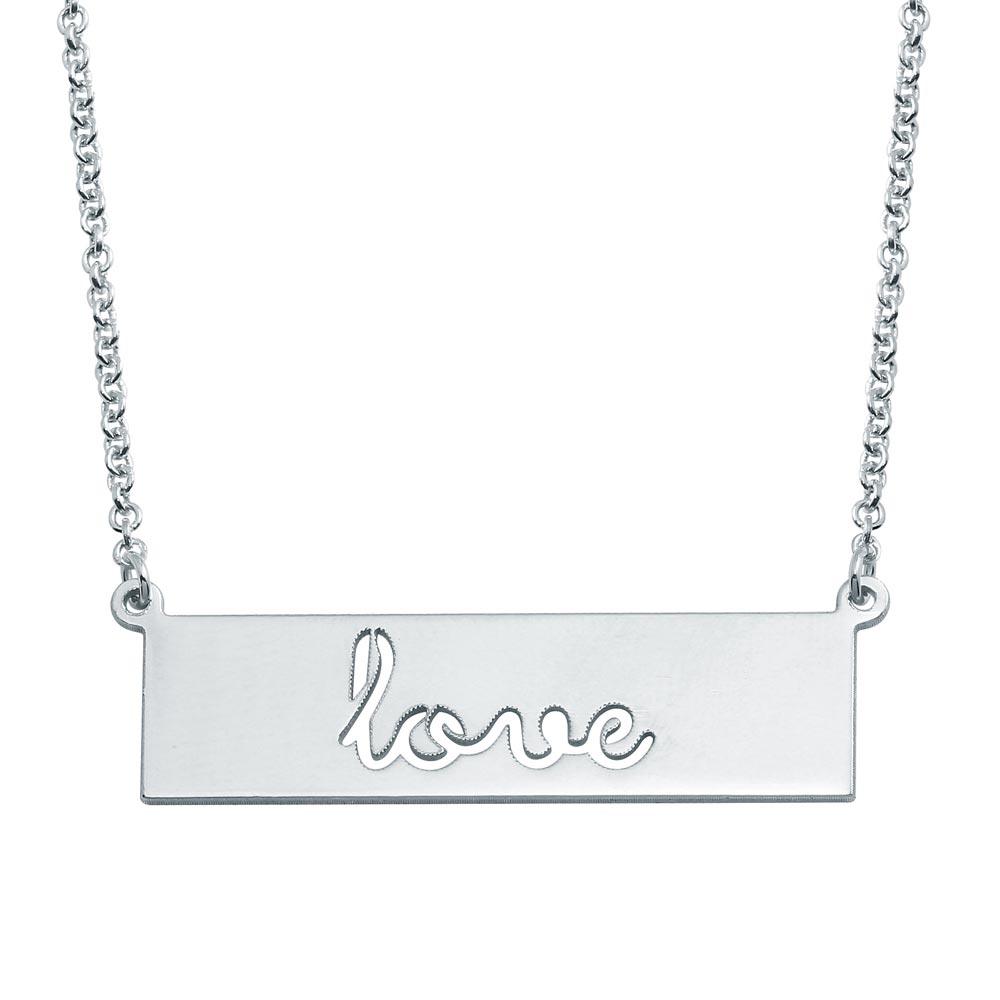 Rhodium Plated 925 Sterling Silver Love Engraved Bar Pendant Necklace - ARN00055RH