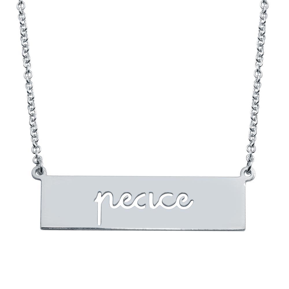 Rhodium Plated 925 Sterling Silver Peace Engraved Bar Pendant Necklace - ARN00056RH