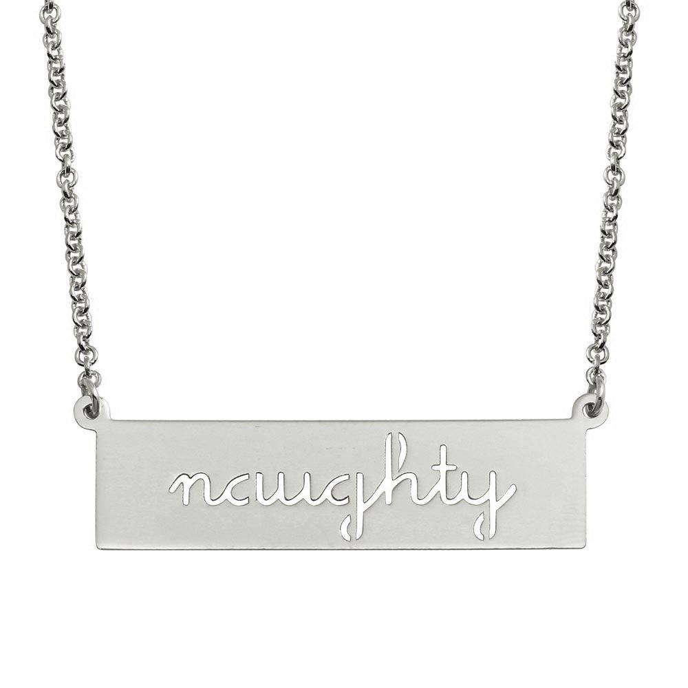 Rhodium Plated 925 Sterling Silver Naughty Engraved Bar Pendant Necklace - ARN00057RH