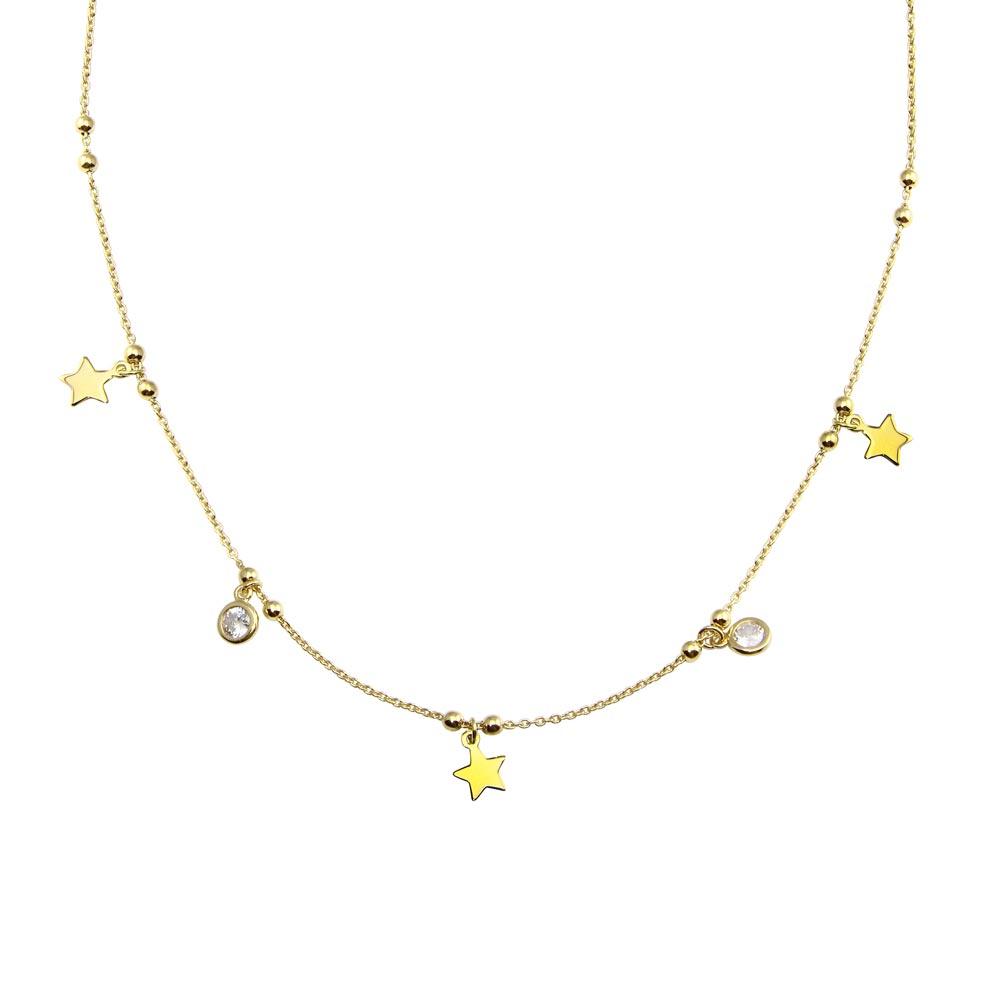 Gold Plated 925 Sterling Silver Star and Beads CZ Necklace - ARN00059GP