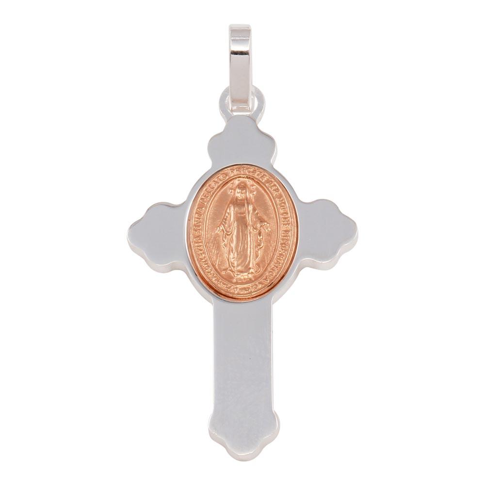 Rhodium Plated 925 Sterling Silver Cross Pendant with Rose Gold Plated Medallion - ARP00035RGP
