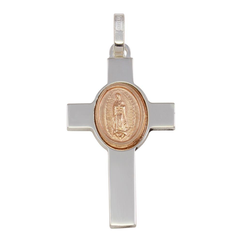 Rhodium Plated 925 Sterling Silver Cross Pendant with Rose Gold Plated Medallion - ARP00038RGP