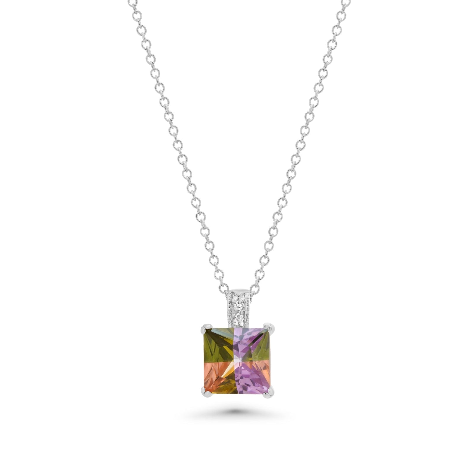Silver 925 Multi Color CZ Rhodium Plated Square Stone Pendant Necklace - BGP00051