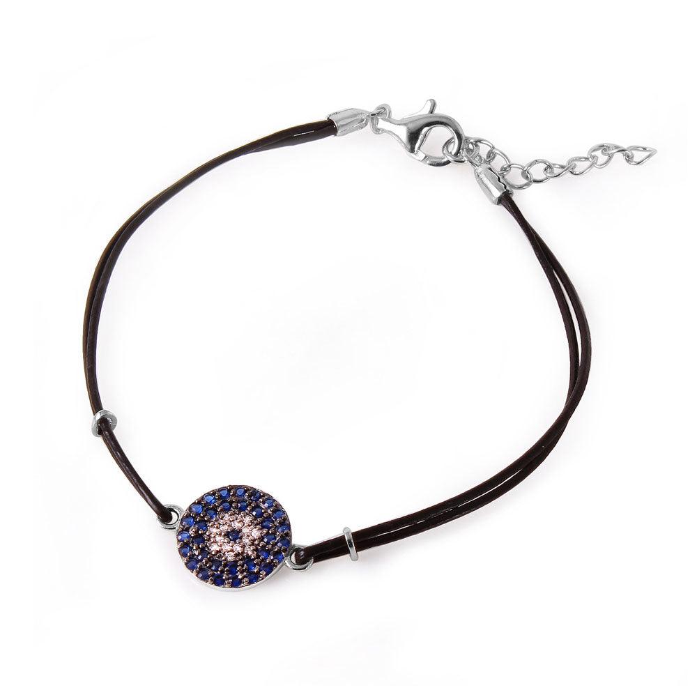 Silver 925 Blue CZ Evil Eye Leather Strap Bracelet - BGB00160