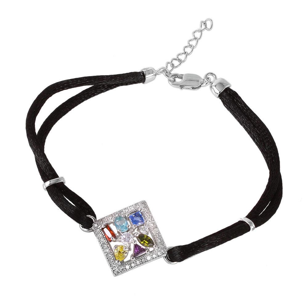 Silver 925 Black Rope Multicolored CZ Bracelet - BGB00219