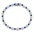 Rhodium Plated 925 Sterling Silver Flower Link Bracelet with Clear and Blue CZ - BGB00304BLU