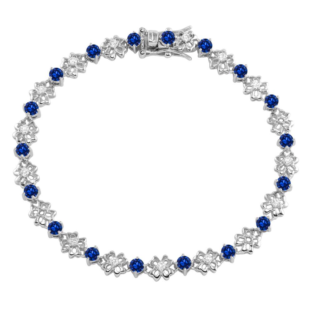 Rhodium Plated 925 Sterling Silver Flower Link Bracelet with Clear and Blue CZ - BGB00304BLU
